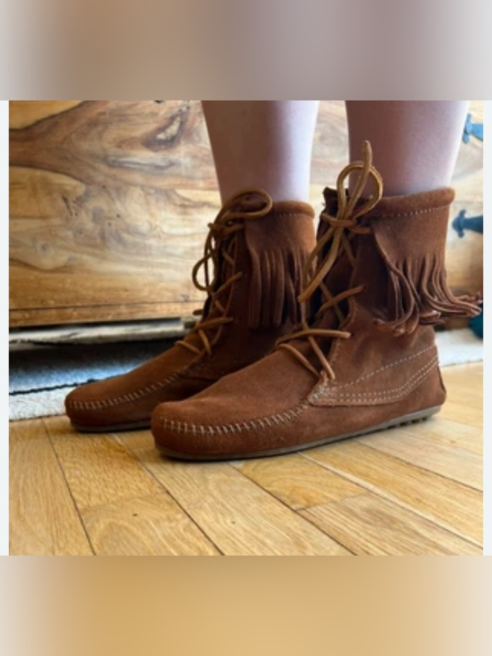 Minnetonka Chestnut Suede Fringe Moccasin Booties